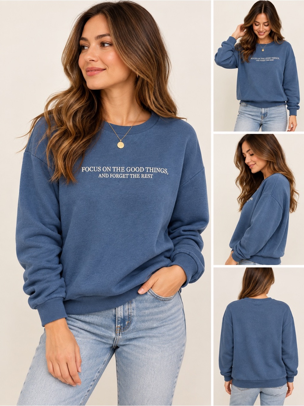 Zara Blue “Focus on the Good Things” Crewneck Sweatshirt Size S